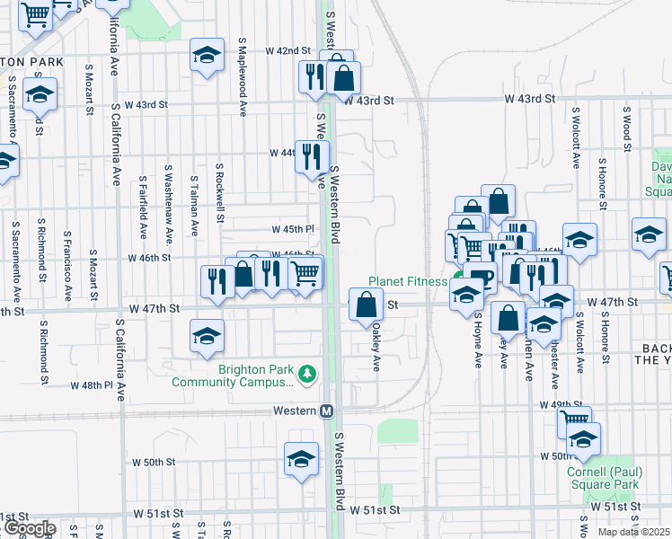 map of restaurants, bars, coffee shops, grocery stores, and more near 4622 South Western Avenue in Chicago