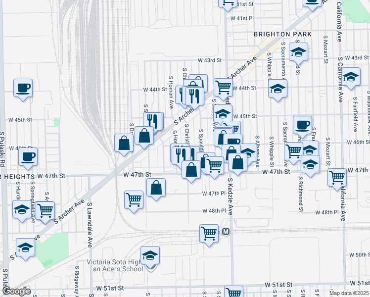 map of restaurants, bars, coffee shops, grocery stores, and more near 4610 South Christiana Avenue in Chicago