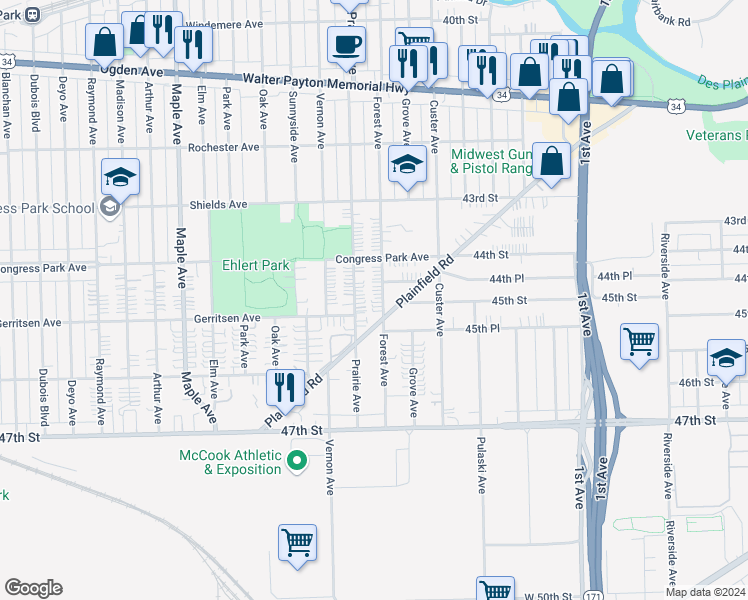 map of restaurants, bars, coffee shops, grocery stores, and more near 4424 Forest Avenue in Brookfield