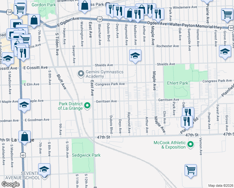 map of restaurants, bars, coffee shops, grocery stores, and more near 4430 Deyo Avenue in Brookfield