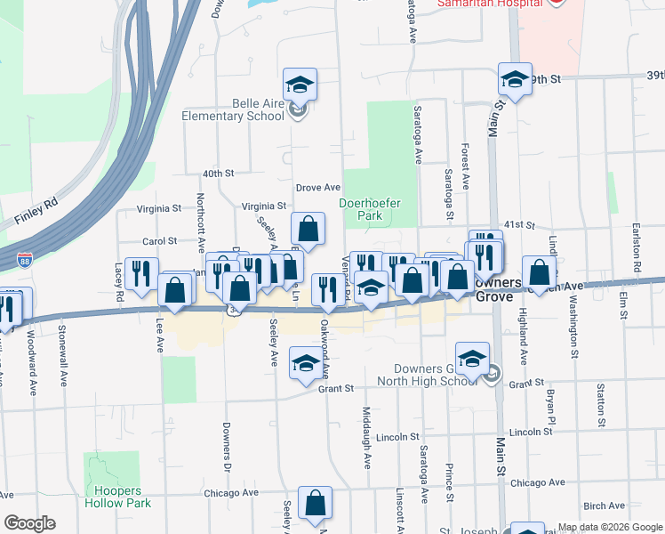 map of restaurants, bars, coffee shops, grocery stores, and more near 4220 Venard Road in Downers Grove