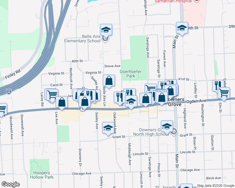 map of restaurants, bars, coffee shops, grocery stores, and more near 4220 Venard Road in Downers Grove