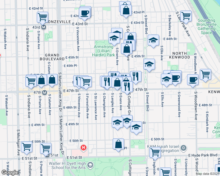 map of restaurants, bars, coffee shops, grocery stores, and more near 654 East 47th Street in Chicago