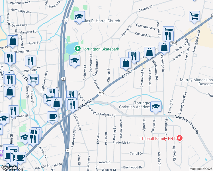 map of restaurants, bars, coffee shops, grocery stores, and more near 677 U.S. 202 in Torrington
