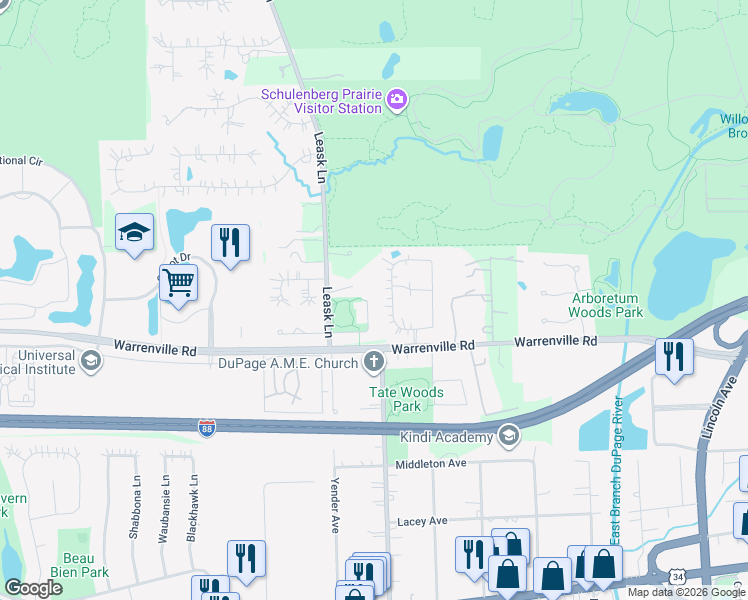 map of restaurants, bars, coffee shops, grocery stores, and more near 4247 Fiona Lane in Lisle