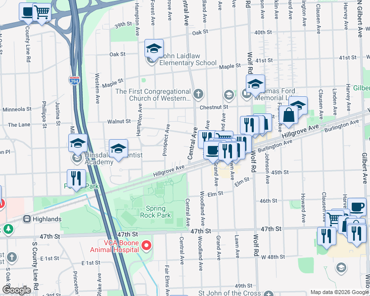 map of restaurants, bars, coffee shops, grocery stores, and more near 4386 Central Avenue in Western Springs