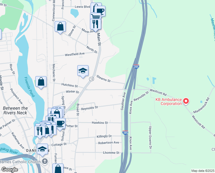 map of restaurants, bars, coffee shops, grocery stores, and more near 80 Westcott Road in Killingly