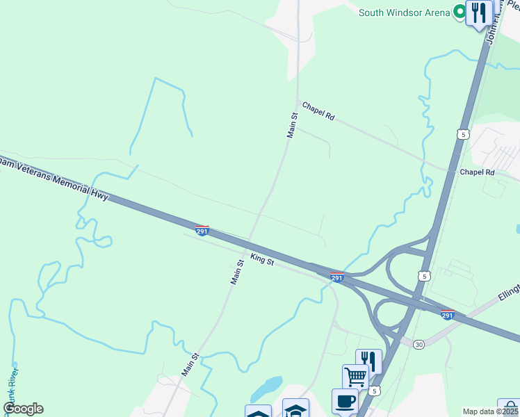 map of restaurants, bars, coffee shops, grocery stores, and more near 369 Main Street in South Windsor
