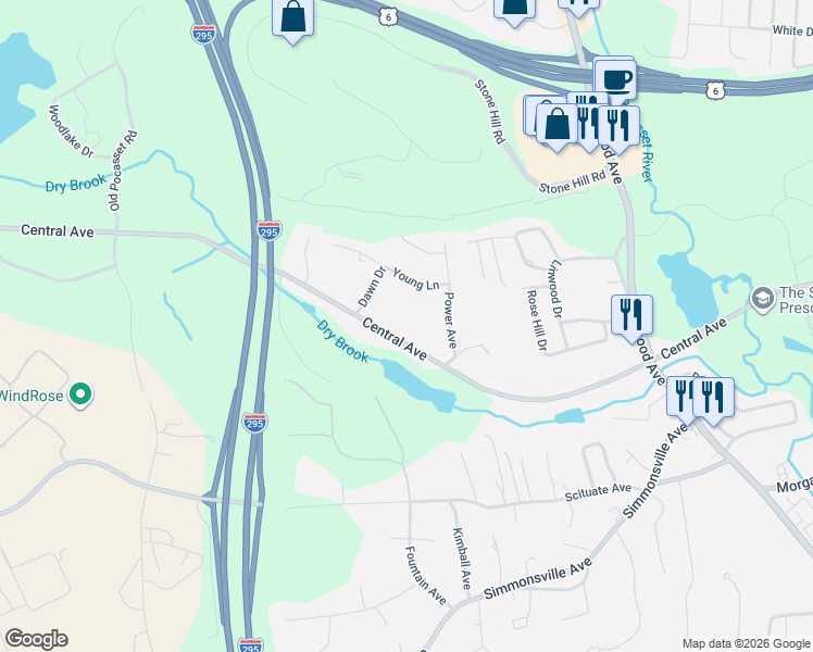 map of restaurants, bars, coffee shops, grocery stores, and more near 579 Central Avenue in Johnston
