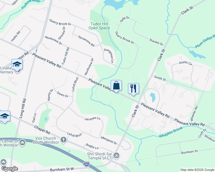 map of restaurants, bars, coffee shops, grocery stores, and more near 972 Pleasant Valley Road in South Windsor