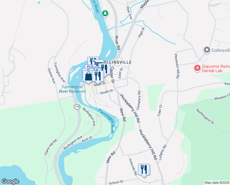 map of restaurants, bars, coffee shops, grocery stores, and more near 47 Sunset Terrace in Canton