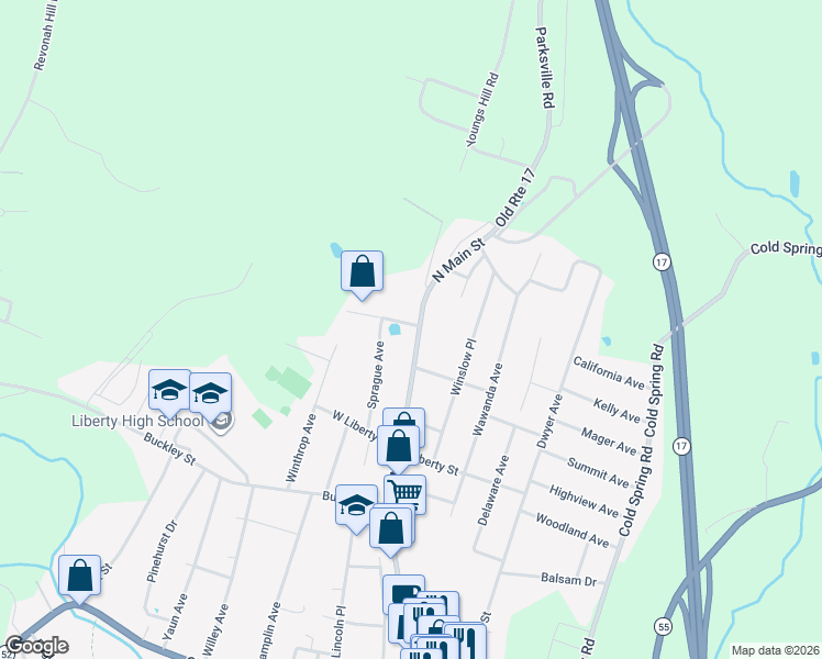 map of restaurants, bars, coffee shops, grocery stores, and more near 428 North Main in Liberty