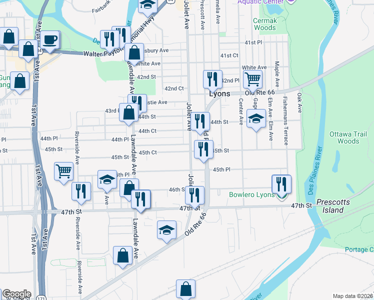 map of restaurants, bars, coffee shops, grocery stores, and more near 4501 Joliet Avenue in Lyons
