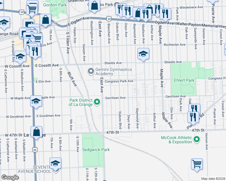 map of restaurants, bars, coffee shops, grocery stores, and more near 4433 Blanchan Avenue in Brookfield