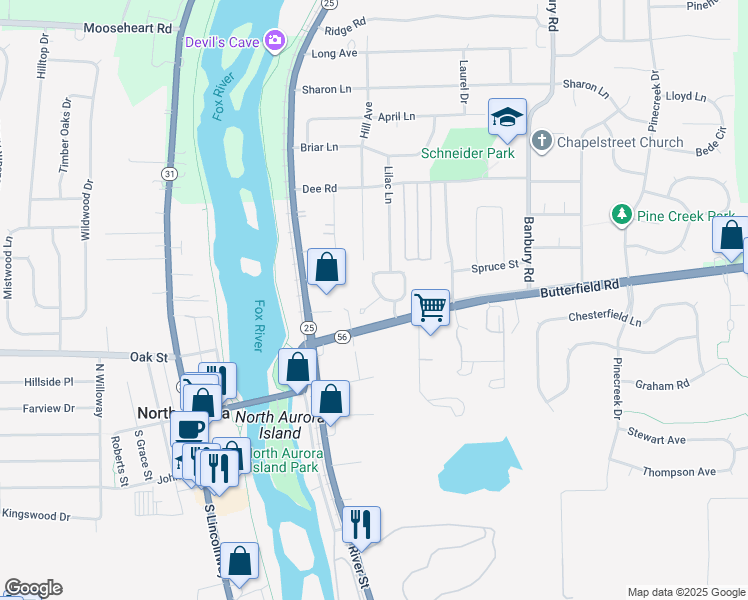 map of restaurants, bars, coffee shops, grocery stores, and more near 104 Woodland Circle in North Aurora