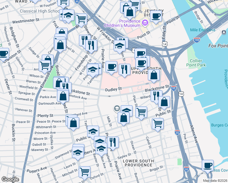 map of restaurants, bars, coffee shops, grocery stores, and more near 168 Dudley Street in Providence