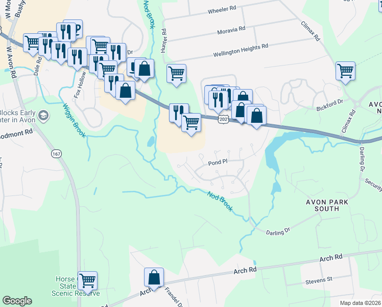 map of restaurants, bars, coffee shops, grocery stores, and more near 7 Gray Pine Common in Avon