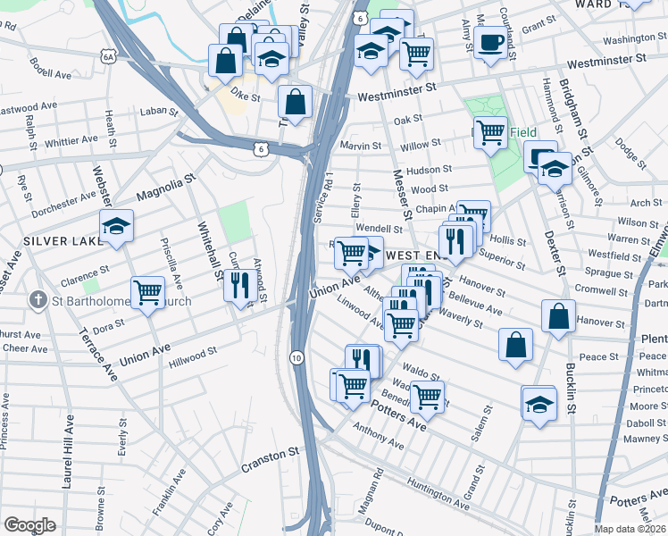 map of restaurants, bars, coffee shops, grocery stores, and more near 213 Althea Street in Providence