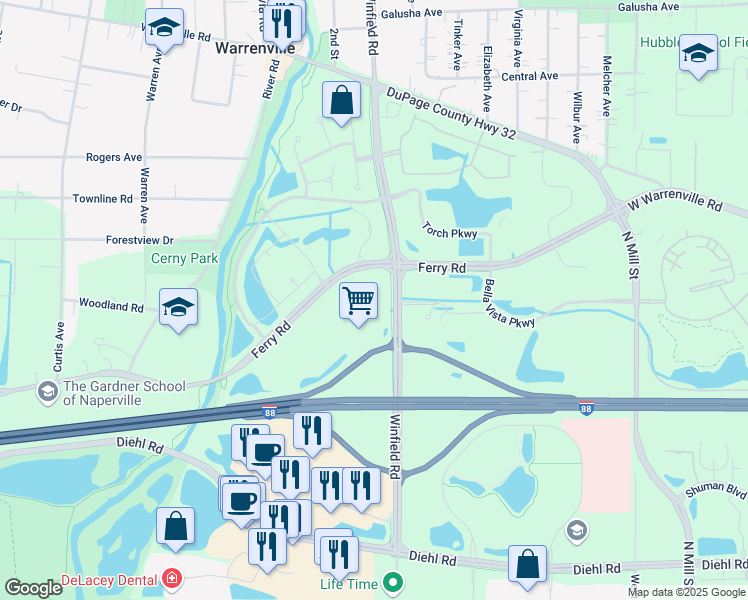 map of restaurants, bars, coffee shops, grocery stores, and more near 4320 Winfield Road in Warrenville