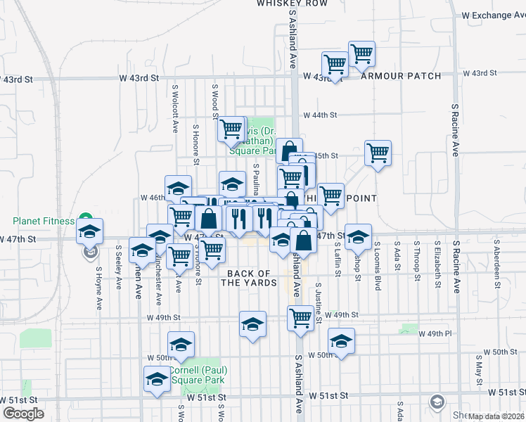map of restaurants, bars, coffee shops, grocery stores, and more near 4632 South Paulina Street in Chicago