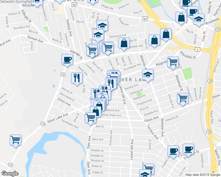 map of restaurants, bars, coffee shops, grocery stores, and more near 201 Pocasset Avenue in Providence