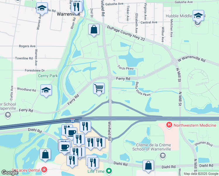 map of restaurants, bars, coffee shops, grocery stores, and more near 4300 Winfield Road in Warrenville