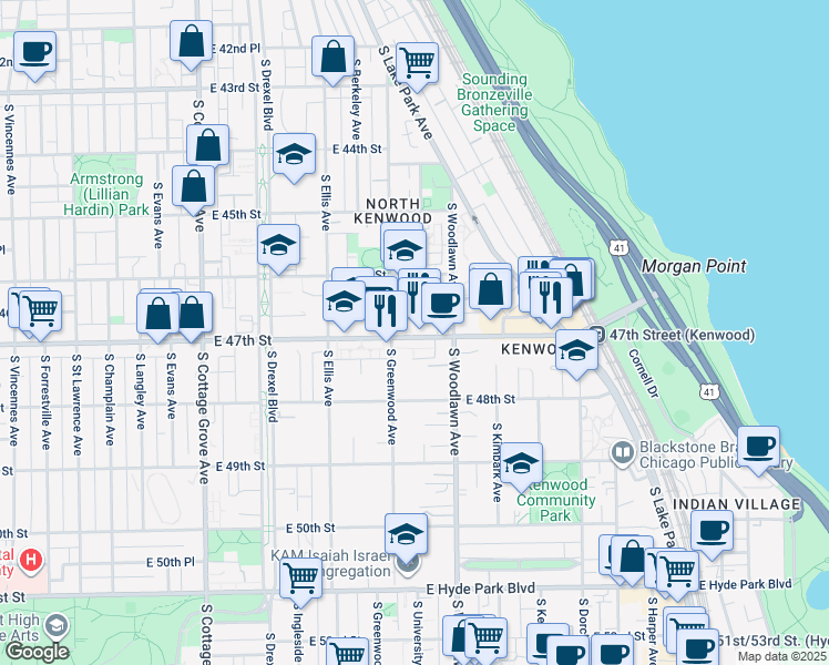 map of restaurants, bars, coffee shops, grocery stores, and more near 1120 East 47th Street in Chicago