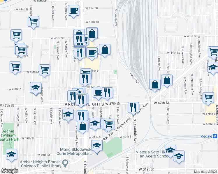 map of restaurants, bars, coffee shops, grocery stores, and more near 3830 West 46th Street in Chicago