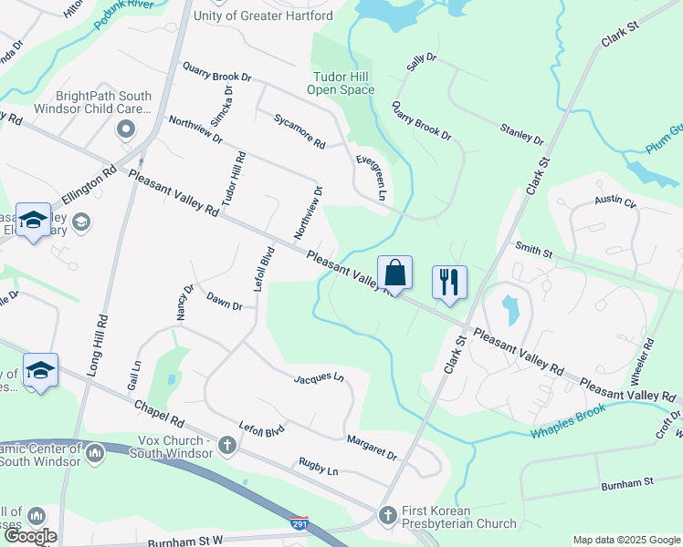 map of restaurants, bars, coffee shops, grocery stores, and more near 947 Pleasant Valley Road in South Windsor