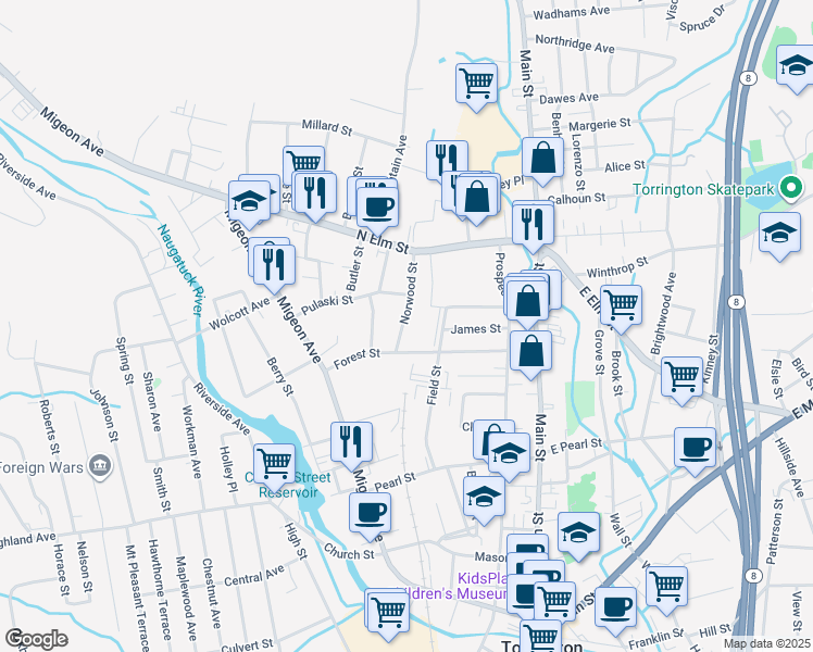 map of restaurants, bars, coffee shops, grocery stores, and more near 30 Norwood Street in Torrington
