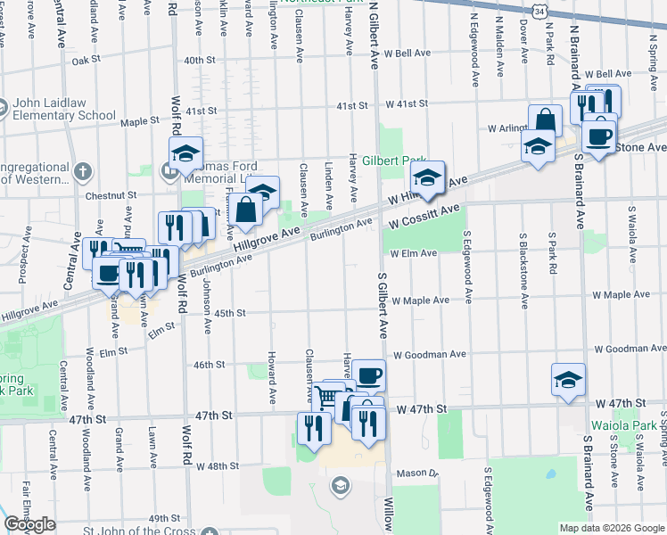map of restaurants, bars, coffee shops, grocery stores, and more near 4440 Harvey Avenue in Western Springs