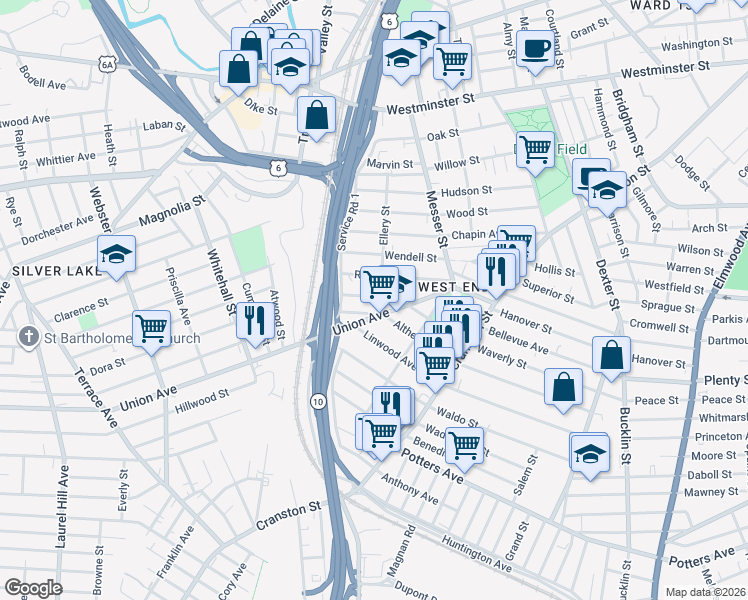 map of restaurants, bars, coffee shops, grocery stores, and more near 113 Ellery Street in Providence