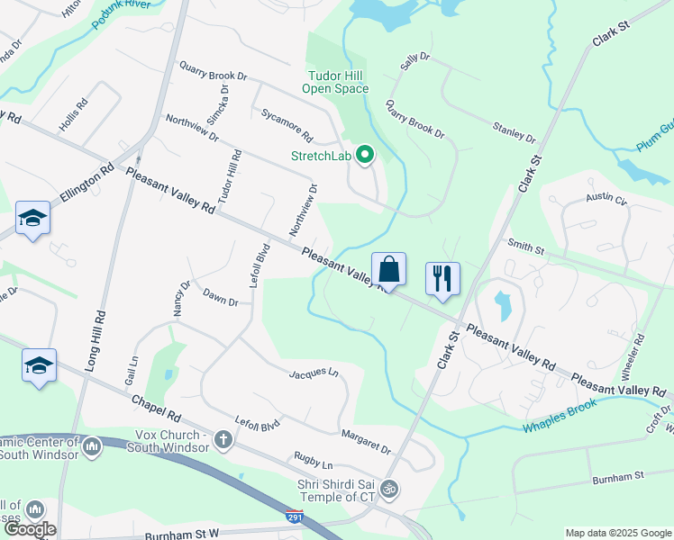 map of restaurants, bars, coffee shops, grocery stores, and more near 947 Pleasant Valley Road in South Windsor