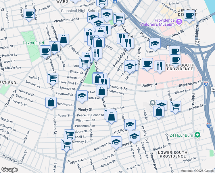 map of restaurants, bars, coffee shops, grocery stores, and more near 101 Comstock Avenue in Providence