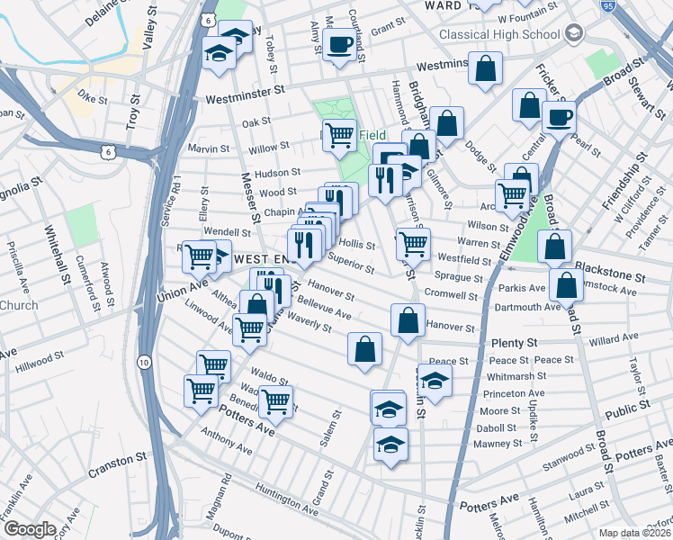 map of restaurants, bars, coffee shops, grocery stores, and more near 100 Ford Street in Providence