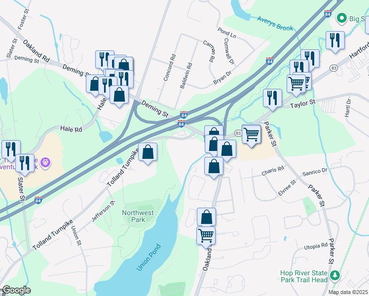 map of restaurants, bars, coffee shops, grocery stores, and more near 340 Tolland Turnpike in Manchester