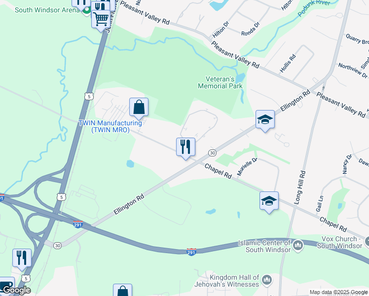 map of restaurants, bars, coffee shops, grocery stores, and more near 430 Chapel Road in South Windsor