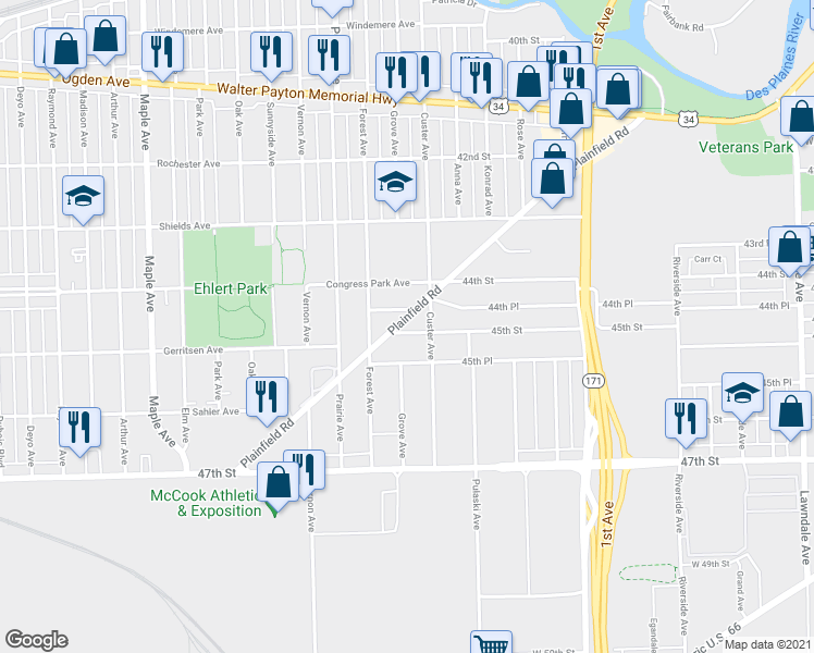 map of restaurants, bars, coffee shops, grocery stores, and more near 8837 Plainfield Road in Brookfield