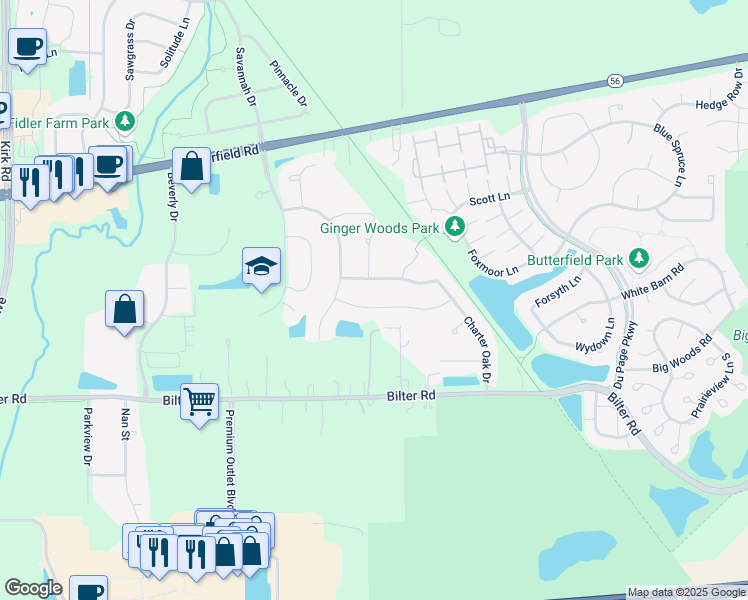 map of restaurants, bars, coffee shops, grocery stores, and more near 2115 Red Maple Lane in Aurora