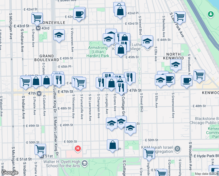 map of restaurants, bars, coffee shops, grocery stores, and more near 708 East 47th Street in Chicago