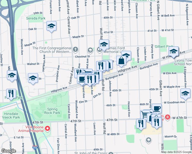 map of restaurants, bars, coffee shops, grocery stores, and more near in Western Springs