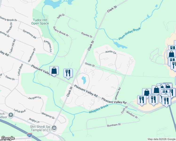 map of restaurants, bars, coffee shops, grocery stores, and more near 902 Misty Meadow Lane in South Windsor