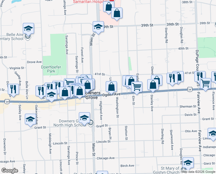 map of restaurants, bars, coffee shops, grocery stores, and more near 4238 Lindley Street in Downers Grove