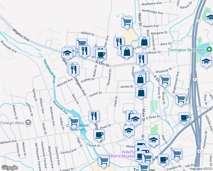 map of restaurants, bars, coffee shops, grocery stores, and more near 30 Norwood Street in Torrington