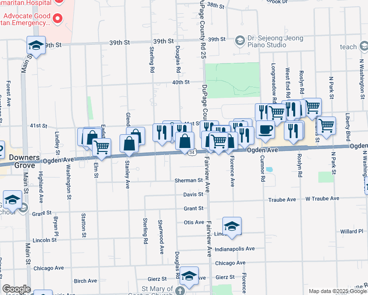 map of restaurants, bars, coffee shops, grocery stores, and more near 440 U.S. 34 in Downers Grove