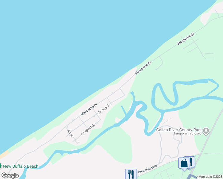 map of restaurants, bars, coffee shops, grocery stores, and more near 11520 Marquette Drive in New Buffalo