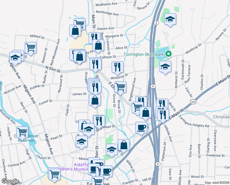 map of restaurants, bars, coffee shops, grocery stores, and more near 164 Grove Street in Torrington