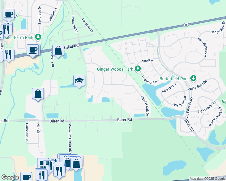map of restaurants, bars, coffee shops, grocery stores, and more near 2115 Red Maple Lane in Aurora