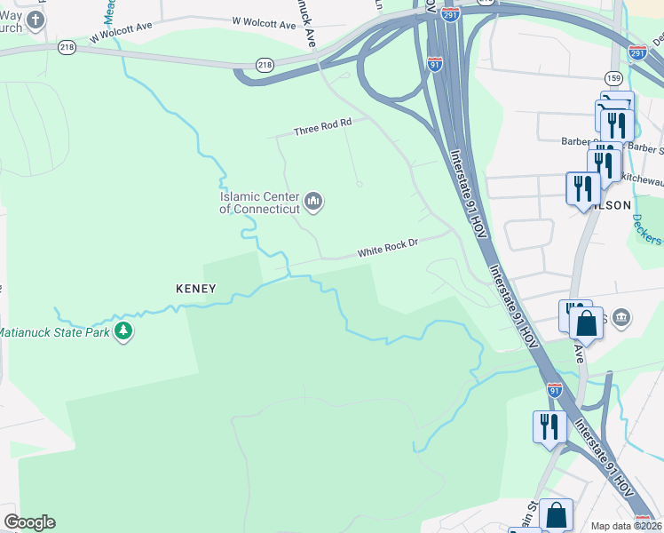map of restaurants, bars, coffee shops, grocery stores, and more near 129 White Rock Drive in Windsor