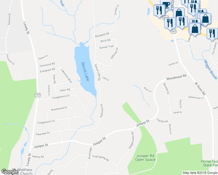 map of restaurants, bars, coffee shops, grocery stores, and more near 24 Cliff Drive in Avon